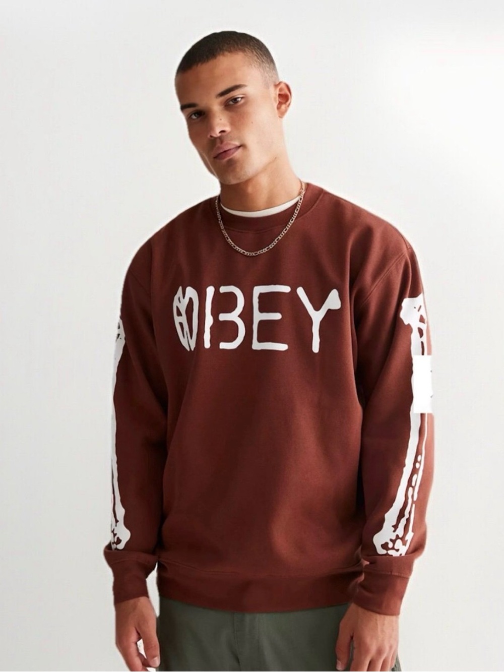 Obey Brown Crewneck Sweatshirt with White Skeleton Graphic Logo